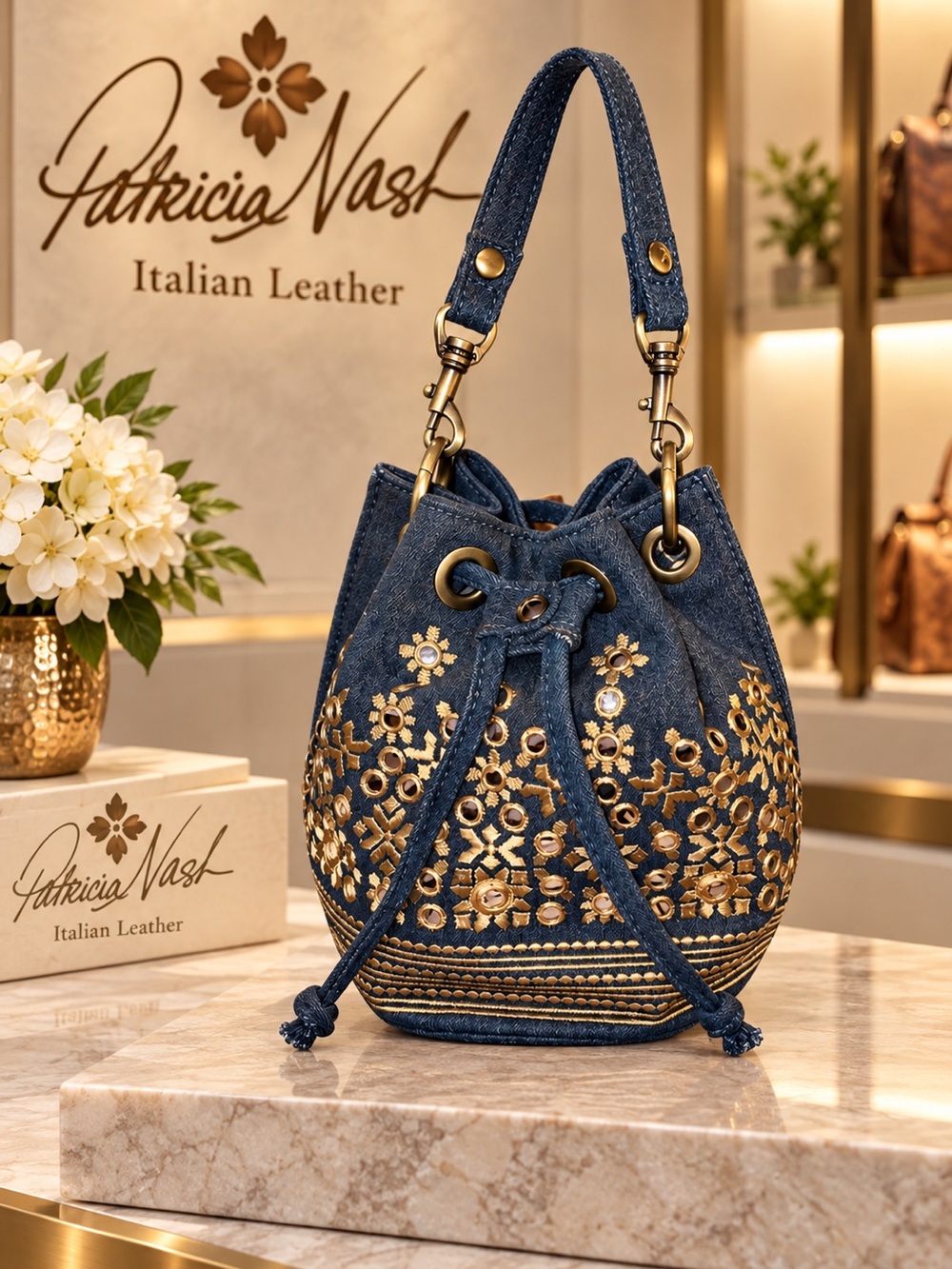 Patricia Nash Navy Drawstring Bucket Bag with Gold Embroidery